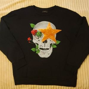 Large Zara Black Crewneck Skull/Star Sweatshirt Sweater.